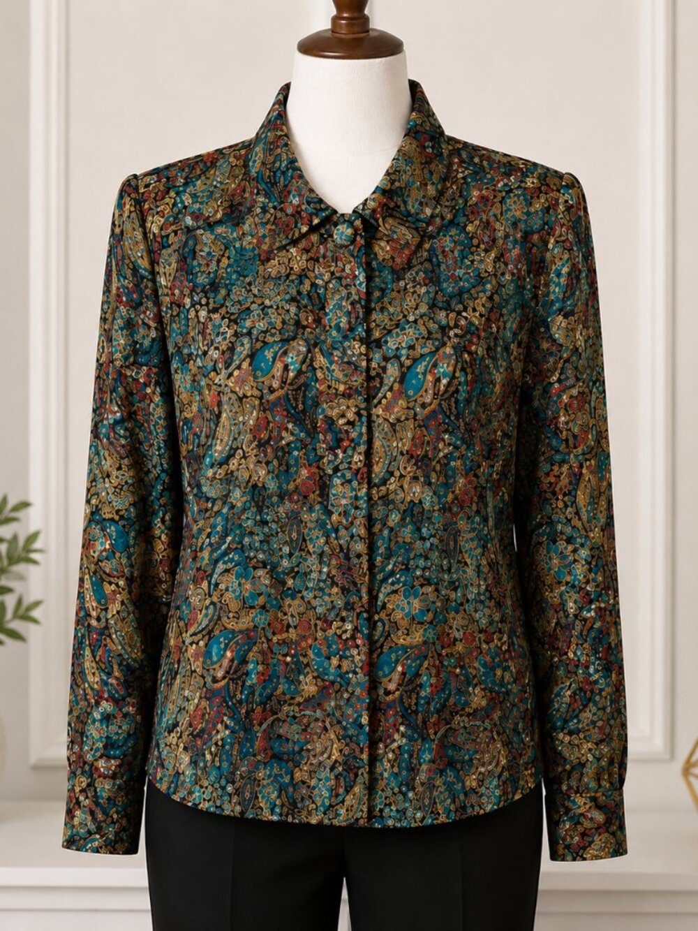 Notations Womens Size 10 Paisley Blouse Hidden Placket Long Sleeve Vintage
